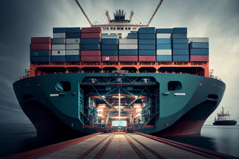 Container ship loaded with shipping containers, seen from the front