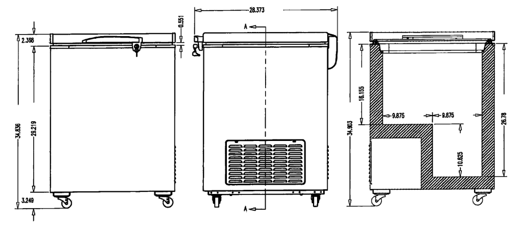 ISL Solid Lid Ice Cream Freezer dimension drawing