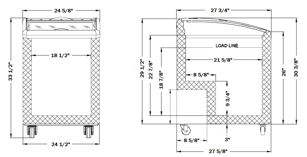 MC Curved Mini Bunker Freezer and Ice Cream Freezer dimension drawing, MC-2HC