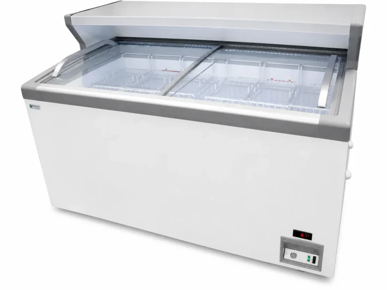 MCT Freezer and Ice Cream Freezer with Merchandising Countertop, angled view