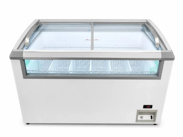 MCT Freezer and Ice Cream Freezer with Merchandising Countertop, front view with lights