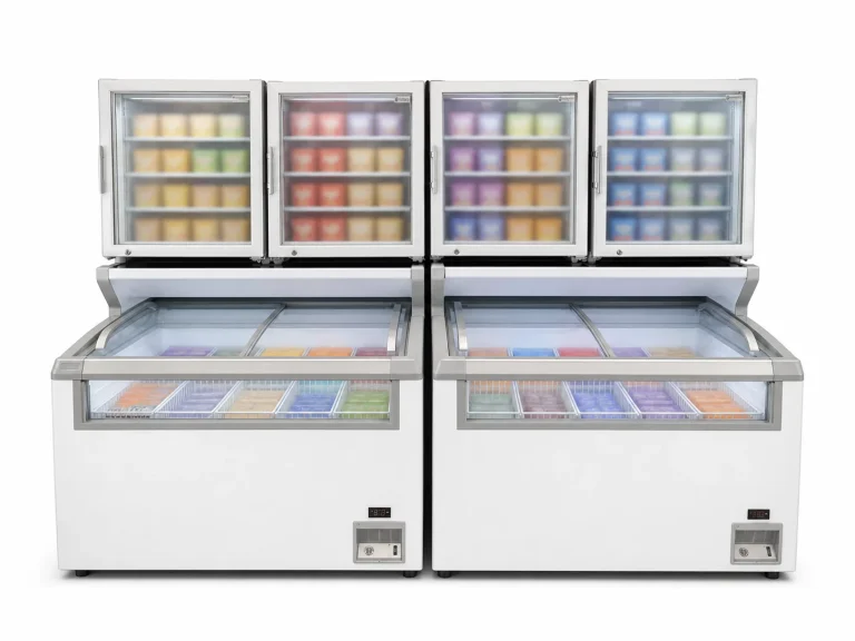 MCT Freezer and Ice Cream Freezer with Merchandising Countertop, two units with countertop freezers