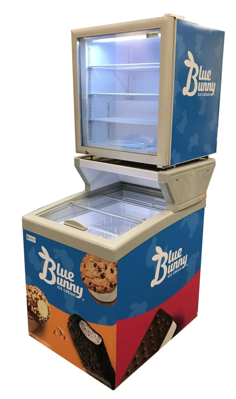 MCT Freezer and Ice Cream Freezer with Merchandising Countertop, with Blue Bunny graphics and countertop freezer