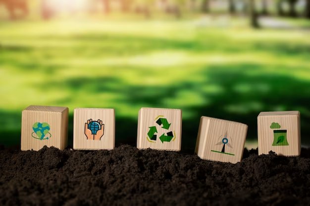 Wooden blocks with recycling and environmental symbols set in soil