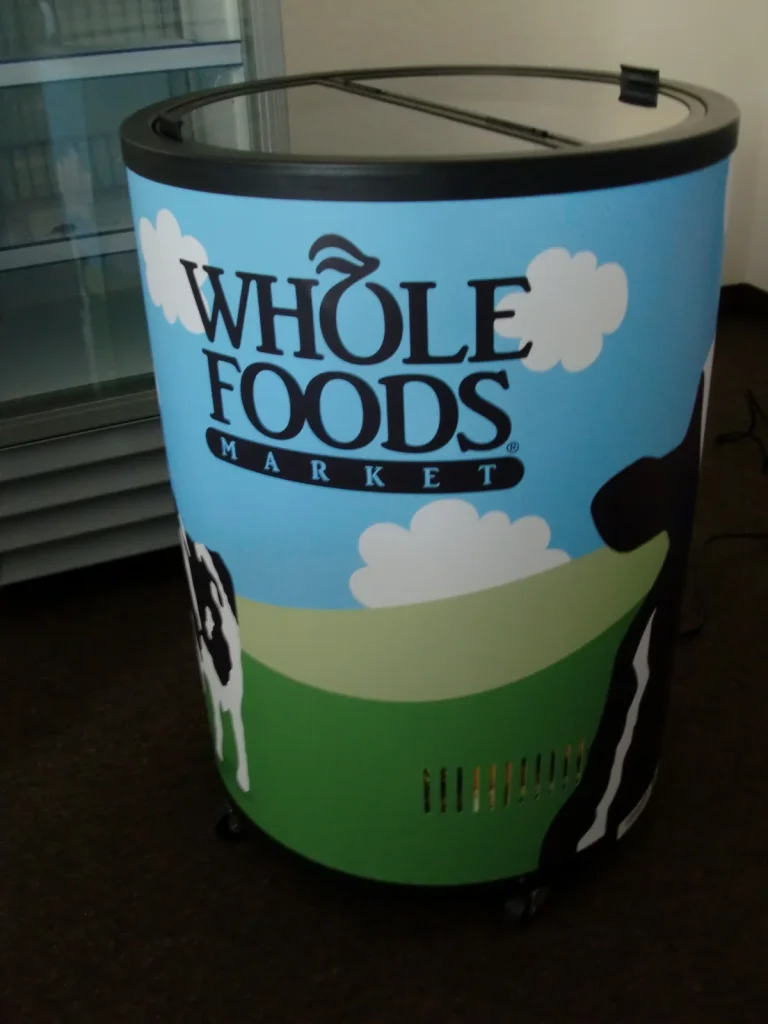 RF Barrel Freezer and Ice Cream Freezer, with Whole Foods Market graphics