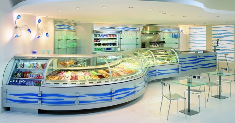 Ice cream and gelato parlor with a long curved-glass display case